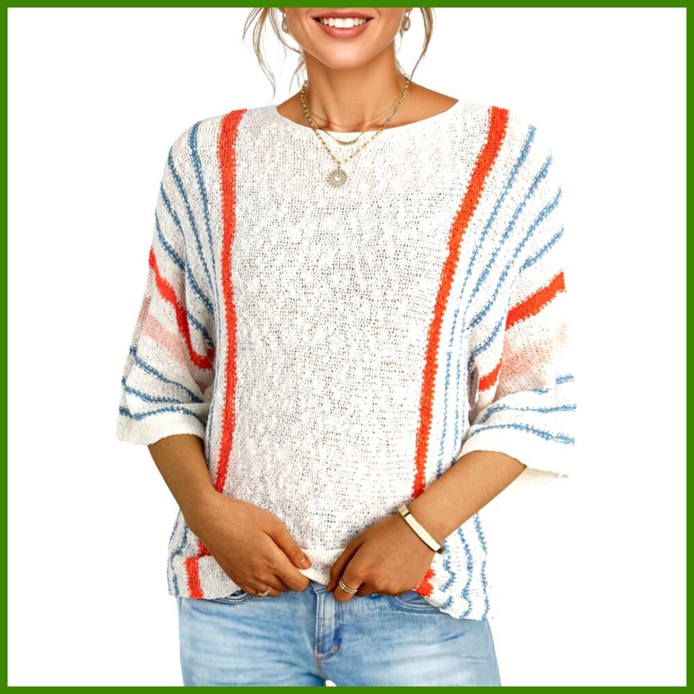 Lightweight Knit Pullover Sweater with 3/4 Sleeves and Striped Design